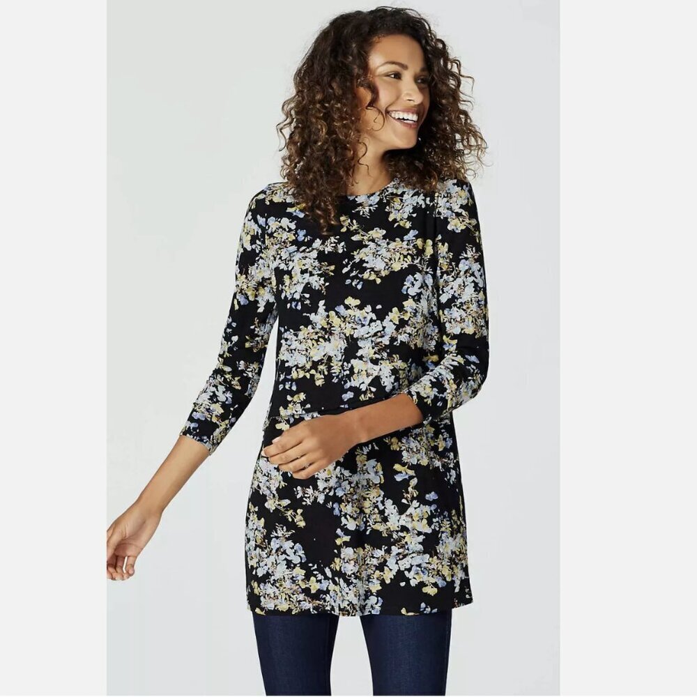 J. Jill Black Abstract Floral Blossoms Knit Tunic Medium Cotton Modal